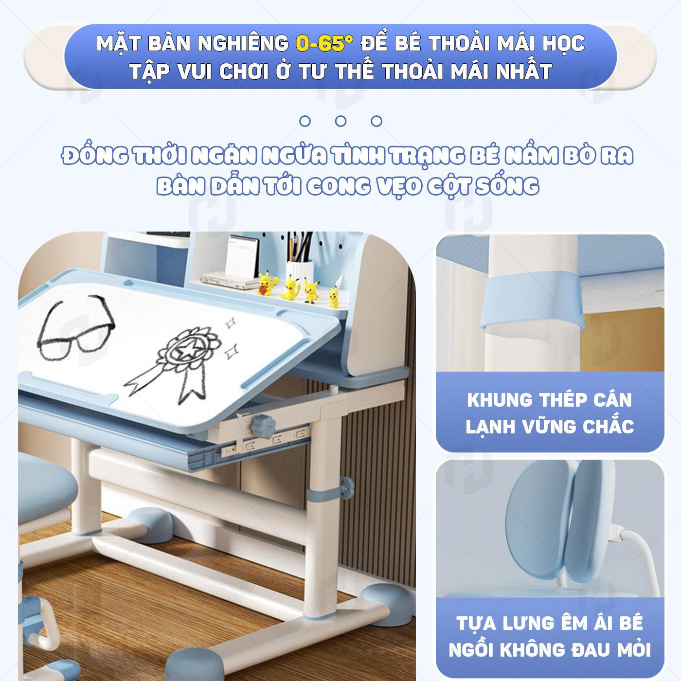 Bộ bàn học sinh tiểu học thông minh cho bé Htdkids T16 cải tiến | tăng giảm chiêu cao tay quay